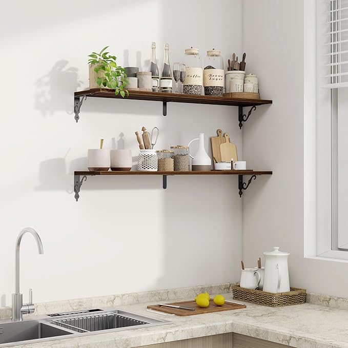 Fun Memories 40 Inch Floating Shelves Wall Mounted, 8 Inch Deep Wall Shelves with Bracket, Rustic Hanging Bookshelf, 40" Bookshelves for for Living Room, Kitchen and Bedroom, Walnut, Set of 2