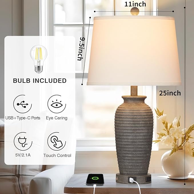 25" Farmhouse Jar Table Lamps, 3 Way Touch Control Rustic Bedside Lamps with USB A+C Ports & AC Outlet, Pot Nightstand Lamps for Bedroom Living Room (LED Bulbs Included)