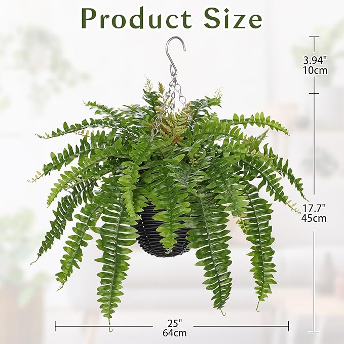 Hollyone Artificial Fern Hanging Basket Plant 25" Boston Ferns 31 Leaves Greenery Plants with Rattan Pot for Outdoors & Indoor Fake Fern Bush Plant in Pot for Patio Entrance Porch Garden Decor Green