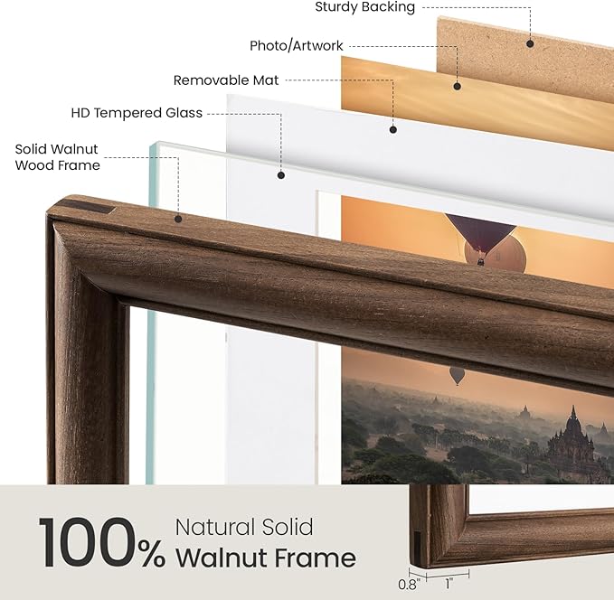 8x10 Picture Frame, USA-Sourced Walnut Wood Frame with Tempered Glass, Display 5x7 with Mat or 8x10 Without Mat, 8 by 10 Photo Frame for Wall & Tabletop Display, Handcrafted Wood Frame, 3 Pack