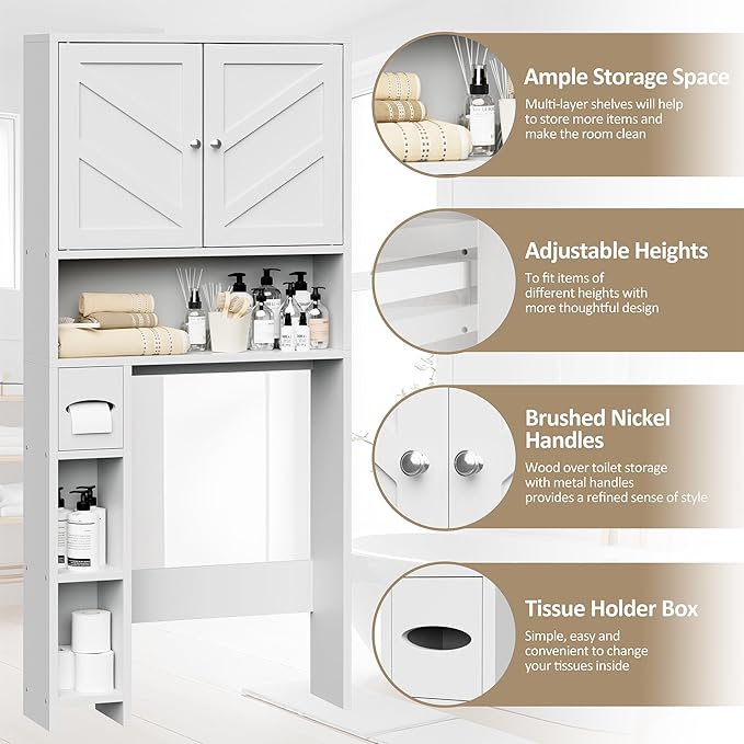 Meilocar Over Toilet Storage Cabinet with Toilet Paper Holder Stand, Freestanding Bathroom Storage Organizer Cabinet Space Saver W/Adjustable Shelf, White