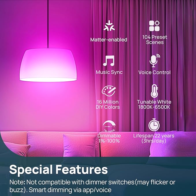 Linkind Matter Smart Light Bulb,1600LM 100W Smart Bulbs Work with Alexa/Apple Home/Google Home/SmartThings, RGBTW LED Color Changing Bulbs Music Sync, 2.4GHz Wi-Fi Light Bulbs LED 11W, A21 E26, 4Pack