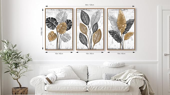 Large Framed Canvas Wall Art - Natural Float Framed Black Brown Gray Leaf Pattern Pictures Decor Rustic Foliage Plants Artwork for Living Room Bedroom Kitchen Home Office Decoration 48" X 24" Set of 3