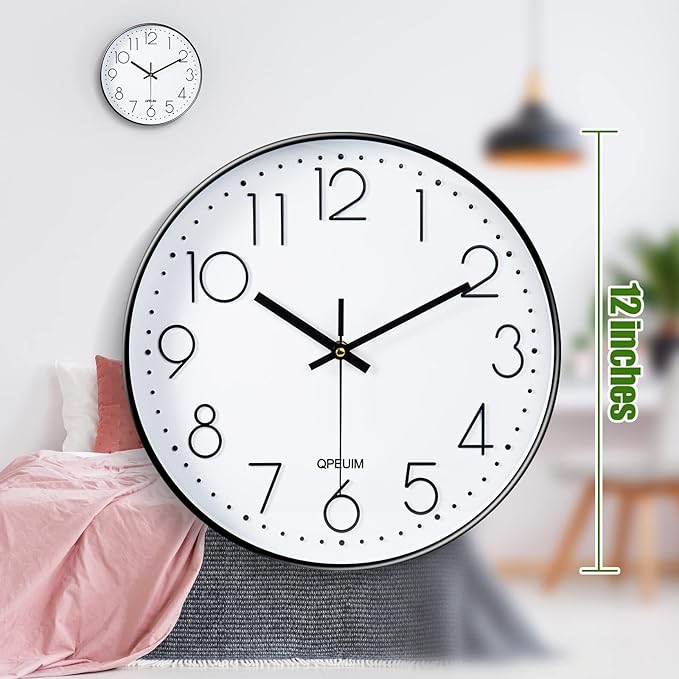 Wall Clock 12 Inch Wall Clocks Non-Ticking Battery Operated with Stereoscopic Dial Ultra-Quiet Movement Quartz for Office Classroom School Home Living Room Bedroom Kitchen