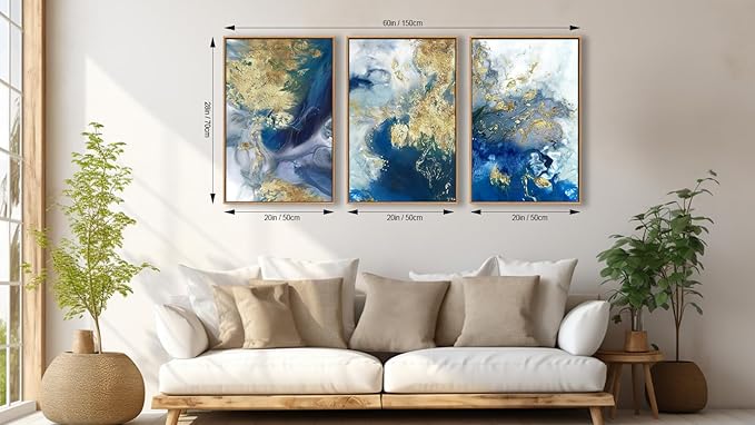 Large Abstract Framed Wall Art - Natural Float Framed Colorful Canvas Pictures Decor Blue Gold White Background Modern Artwork for Bedroom Living Room Kitchen Home Office Decoration 60" X 28" Set of 3