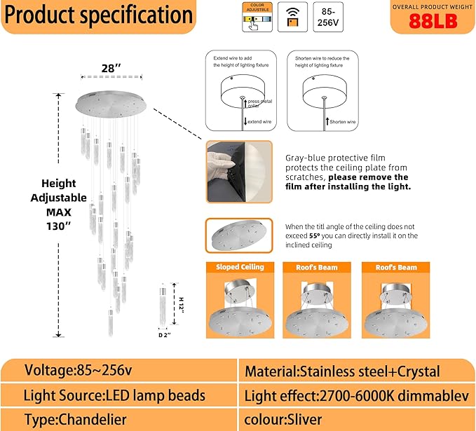 25-Light Silver Modern Crystal Raindrop Chandelier for Foyer Stair Well Entrance 130" Long Crystal Bubble Column Chandelier for Villa High Ceiling Lighting Fixtures LED Lampara, 3000k-6000K