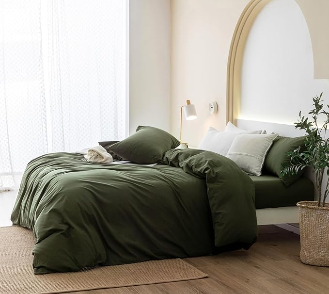 JIYUAN 100% Washed Cotton Duvet Cover Set 3 Pieces Oversized King, 1 Duvet Cover 120x98 Inches(Comforter Not Included) and 2 Pillowcases,Linen Feel Bedding Set Comfy and Breathable,Olive Green
