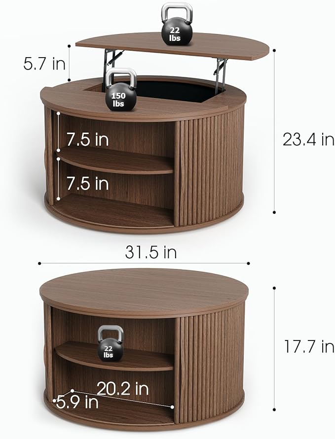 Lift Top Coffee Table,31.5” Mid Century Modern Center Table with Hidden Storage,Round Fluted Coffee Tables for Living Room, Home Office,Walnut