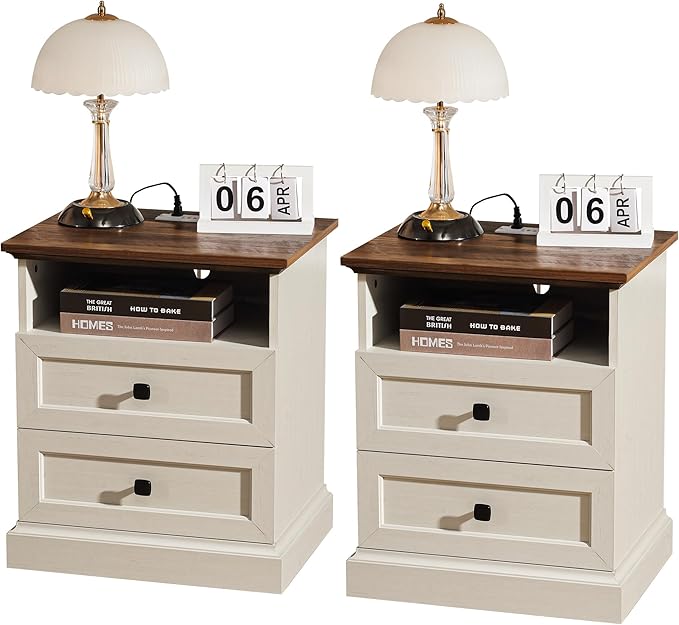 Night Stand Set 2 with Charging Station, Bedside Table with 2 Drawers Storage and Open Shelf, Wood Farmhouse Nightstands with Outlets for Bedroom Office, White