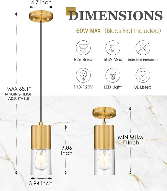 2-Pack Pendant Lights Kitchen Island, Brushed Gold Shade Hanging Lights Fixtures with Cylinder Clear Glass, Brass Kitchen Pendant Lighting Over Island for Dining Room, AD-24023-1P2-GD