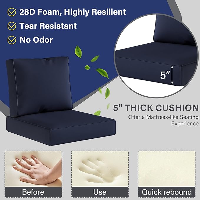 UIXE Outdoor Deep Seat Cushion Set with Slipcovers, Patio Furniture Cushions & Back Pad, Water-Resistant Outdoor Cushion Covers Backyard Sectional Sofa Cushions for Bistro Chair - Navy Blue