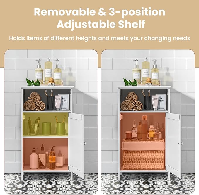 Tangkula Bathroom Storage Cabinet, Freestanding Wooden Single Door Side Floor Organizer with Adjustable Shelf, Small Bathroom Cabinet for Small Spaces, Living Room (White)