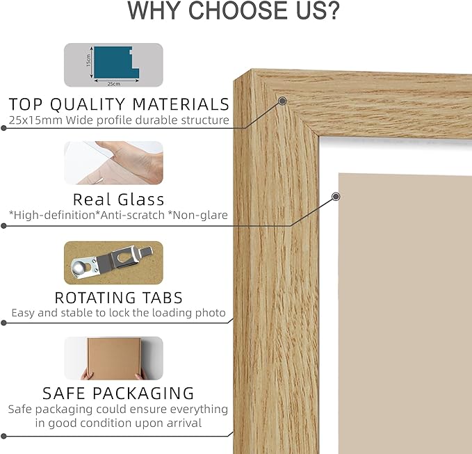 5x7 Picture Frame Set of 2, Made of Real Glass and Natural Oak Wooden Frame - Display Pictures 4x6 with Mat or 5x7 Without Mat, 5 by 7 Photo Frame for Wall or Tabletop Display