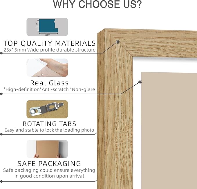 10x14 Picture Frame Set of 2, Made of Glass and Natural Oak Wooden Frame, Display 8x12 Pictures with Mat or 30 x 40cm Diamond Painting Art without Mat for Wall Mounting, Gallery Photo Frames