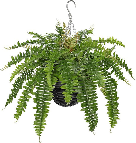 Hollyone Artificial Fern Hanging Basket Plant 25" Boston Ferns 31 Leaves Greenery Plants with Rattan Pot for Outdoors & Indoor Fake Fern Bush Plant in Pot for Patio Entrance Porch Garden Decor Green