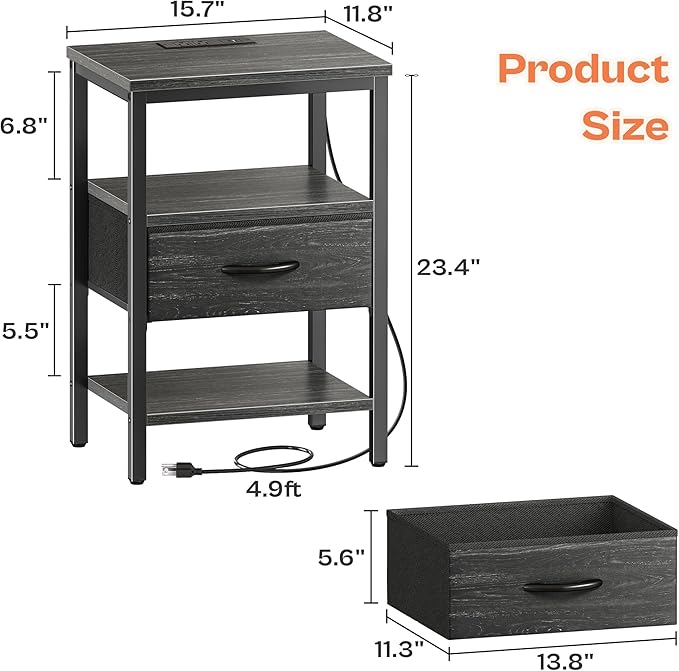 SUPERJARE Nightstand with Charging Station, Bed Side Table with Adjustable Fabric Drawer, Night Stand for Bedroom, 3-Tier Storage End Table, for Living Room, Charcoal Black Wood Grain Print