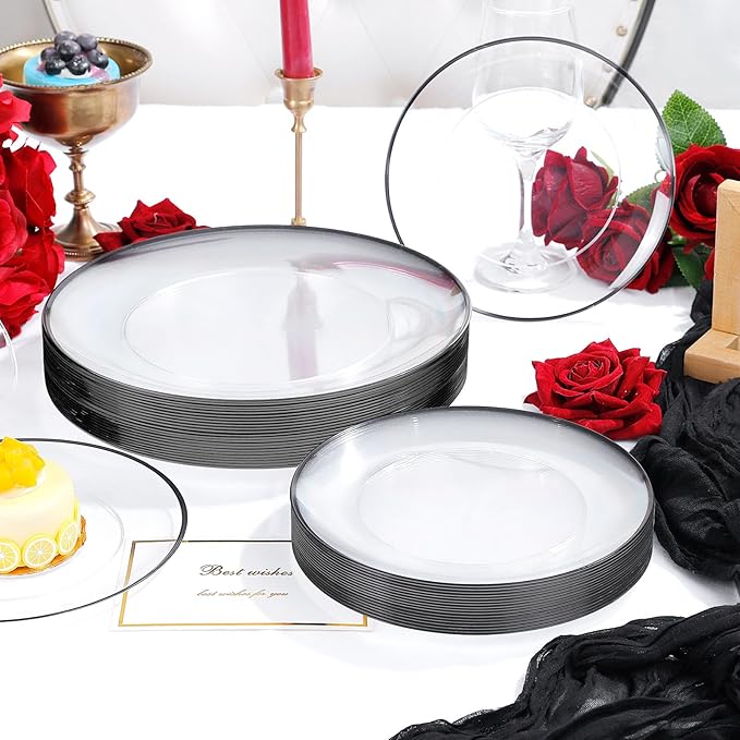 LIYH 120 Pcs Black Plates Disposable for Party - Clear Plastic Disposable Heavy Duty Plastic Party Wedding Plates Including 60 Dinner Plate 10.25" & 60 Dessert Plate 7.5 "