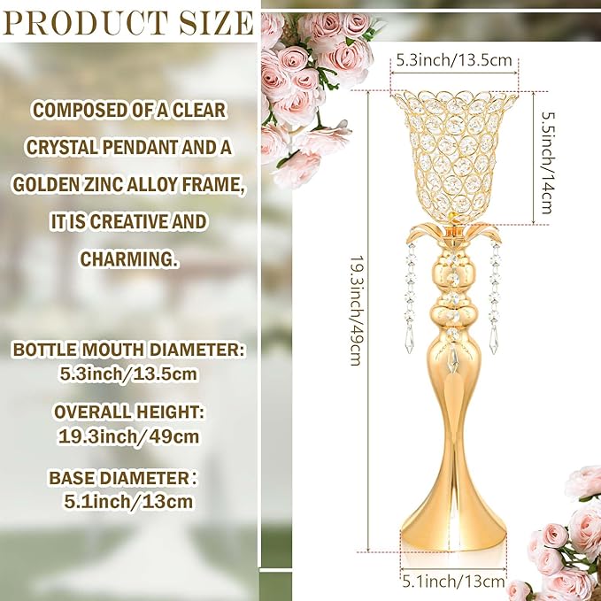 6Pcs Gold Crystal Metal Vase Set - Tulip & Trumpet Wedding Centerpieces, Artificial Flower Arrangement Vases Bulk for Home Decor, Restaurant Table Displays