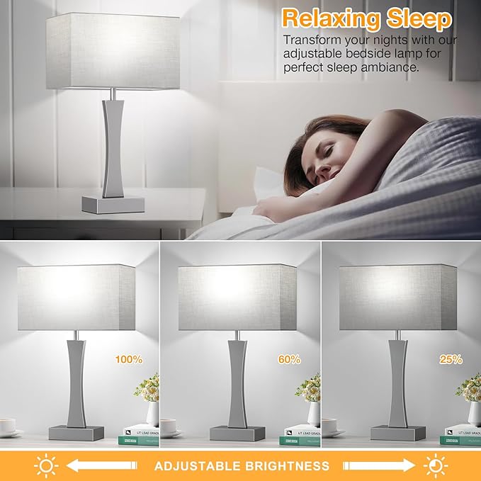 Bedside Lamps for Night Stands - 3 Way Dimmable Table Lamp for Bedroom with USB C+A Ports,Modern Bedside Lamps Set of 2, Touch Lamps for Nightstands(Grey)