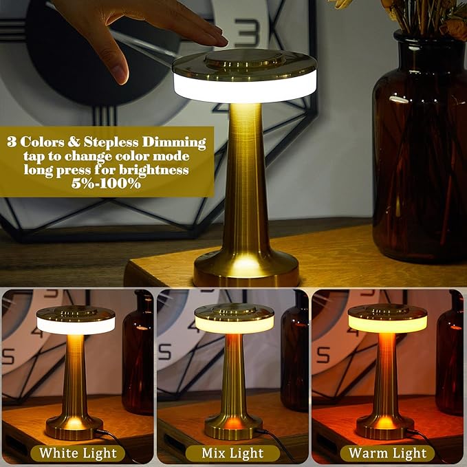 Riakrum 4 Pcs Portable Cordless Table Lamp with Touch Sensor 3 Color Stepless Dimming Rechargeable Battery up to 15 Hours Cordless Table Light Wireless Lamp for Nursery(Gold)