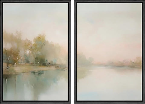 MUDECOR Framed Canvas Print Wall Art Tranquil Reflection Serene River Landscape Illustrations Modern Art Decorative Bohemian Chic for Living Room, Bedroom, Office - 16"x24"x2 Black