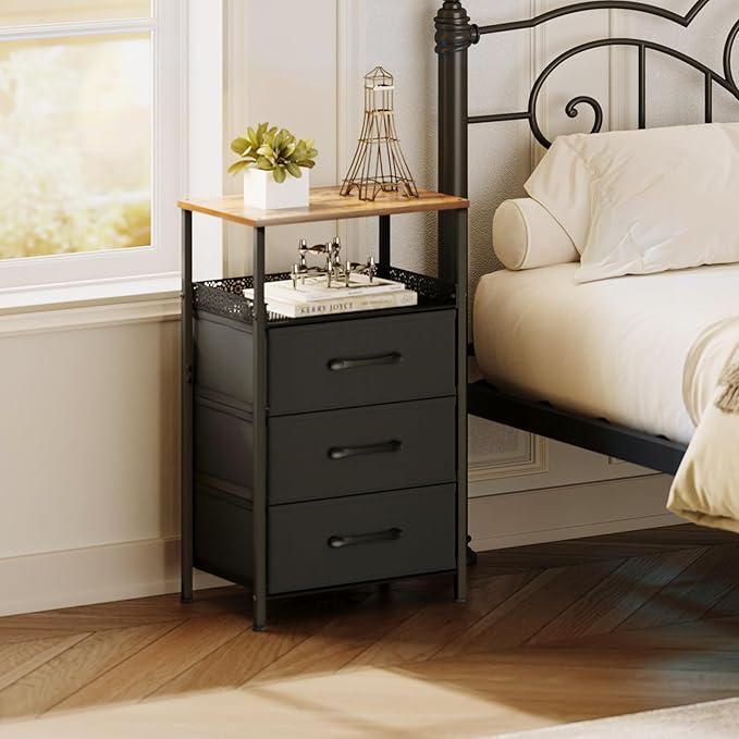 Night Stand Set of 2, Nightstands with 3 Fabric Drawers, Side Table with Open Storage Shelf, Security Metal Mesh, Bedside Tables for Bedroom, Living Room, Small Spaces, Rustic Brown