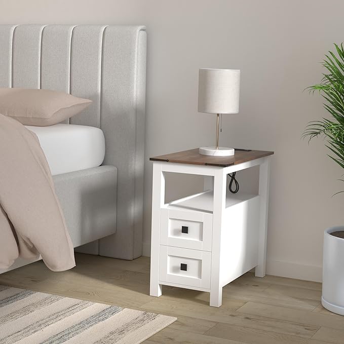 Farmhouse End Table with Charging Station and 2 Storage Drawers, White Wood Nightstand Narrow, Skinny Side Table Rustic, Slim Bedside Table, Open Shelf, Small for Bedroom, Living Room, Sofa