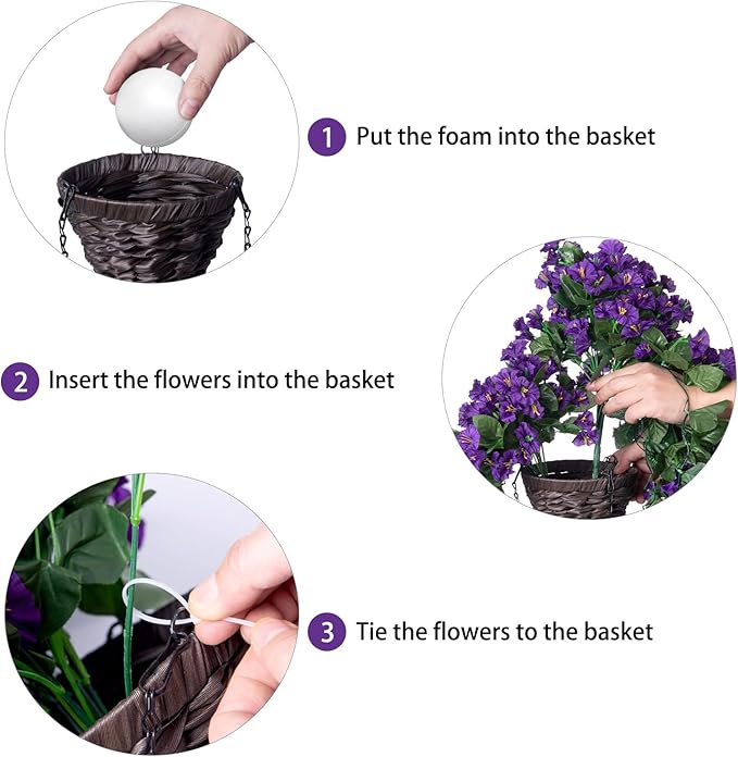 Artificial Faux Hanging Flowers Plants Basket for Spring Summer Outdoor Porch Decor, Fake Silk Purple Morning Glory Long Vine in Planter UV Resistant Realistic for Inside Home Patio Balcony