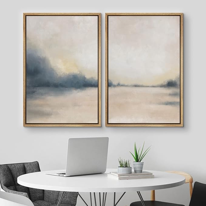 MUDECOR Framed Canvas Print Wall Art Set Gray & Tan Grunge Pastel Watercolor Landscape Abstract Shapes Illustrations Modern Art Decorative Boho for Living Room, Bedroom, Office - 24"x36"x2 Natural