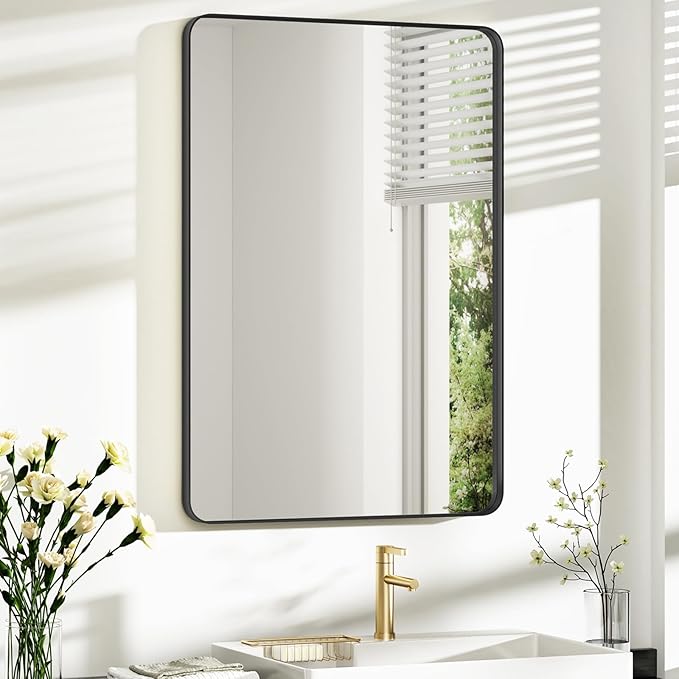 Bathroom Mirror 24x36 inch, Rustproof Aluminum Metal Framed Mirror for Wall, Matte Gold Bathroom Vanity Mirror, Shatterppoof Mirror, Living Room, Hanging or Leaning Horizontal or Vertical