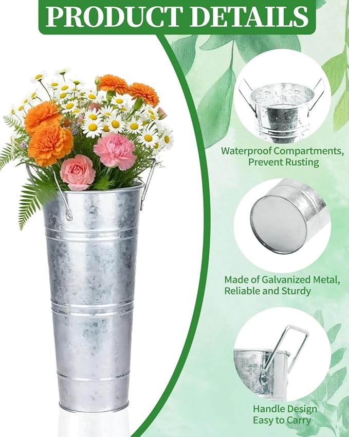12 Inch Galvanized Flower Buckets - 8 PCS Galvanized Metal Vases for Flowers Tin Flower Holders for Home Decor Wedding Centerpieces Indoor Outdoor Use