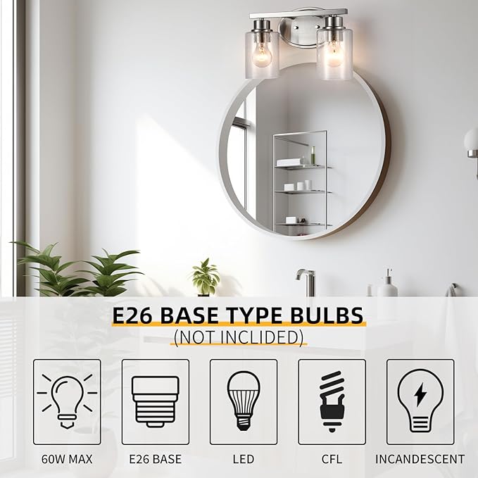 Bathroom Vanity Light Fixtures Over Mirror, Seeded Glass Bathroom Vanity Light, 2 Light Brushed Nickel Bathroom Light Fixtures with Clear Glass, Modern Rustproof Vanity Light Wall Mount
