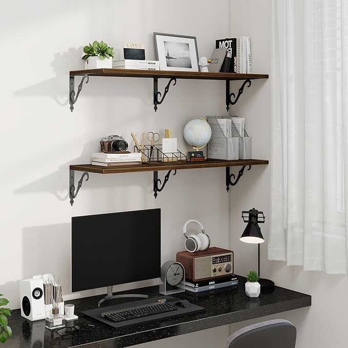 40 Inch Floating Shelves Wall Mounted, 12 Inch Deep Wall Shelves with Bracket, Rustic Hanging Bookshelf, 40" Bookshelves for for Living Room, Kitchen and Bedroom, Walnut, Set of 2