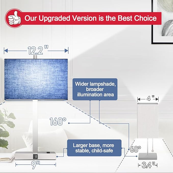 21" Touch Bedside lamps with 2 USB & AC Outlets, 3-Way Dimmable Bedside Table Lamps Set of 2 for Bedroom Living Room Office Reading, Blue Shade Lamps for Night Stands, 5000K LED Bulbs Included