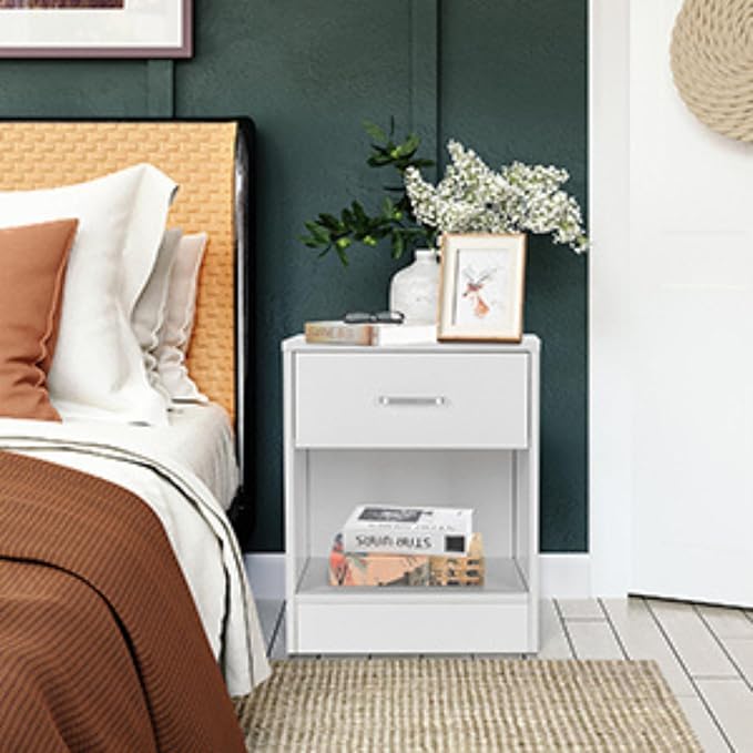 Karl home Nightstands Set of 2 with Drawer for Bedroom, Wood Night Stand Set 2 with Open Shelf, Modern Nightstand Bedside Tables Set of 2, End Table, White