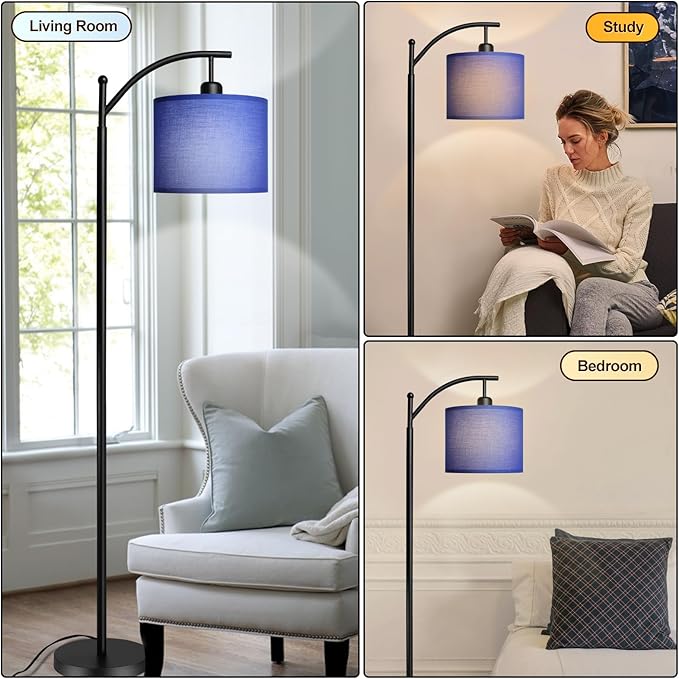 DLLT Arc Floor Lamp with 3 Color Temperatures, Standing Lamp with Linen Shade, Modern Tall Lamp for Living Room, Reading Floor Lights for Bedroom, 8W LED Bulb Included, Black with Blue Lampshade