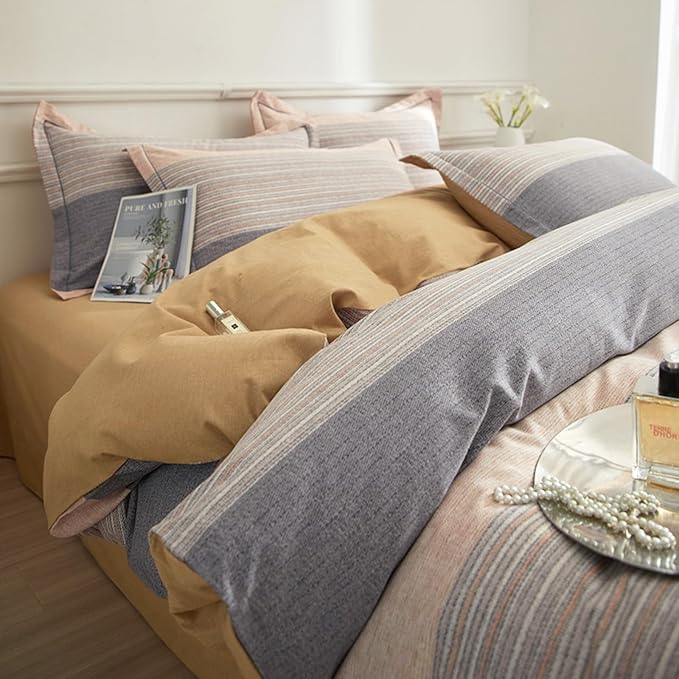 VM VOUGEMARKET Gray Stripes Duvet Cover Queen,100% Brushed Cotton Duvet Cover Matching 2 Pillow Shams,3 Pieces Burnt Orange Bedding Set Without Comforter-90x90 Inch