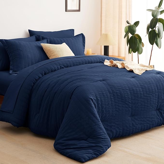 CozyLux Full Size Comforter Sets with Sheets Seersucker 7 Pieces Navy Blue Bed in a Bag Textured Luxury Soft Bedding Set with Down Alternative Comforter, Sheets, Pillowcases & Shams for All Seasons