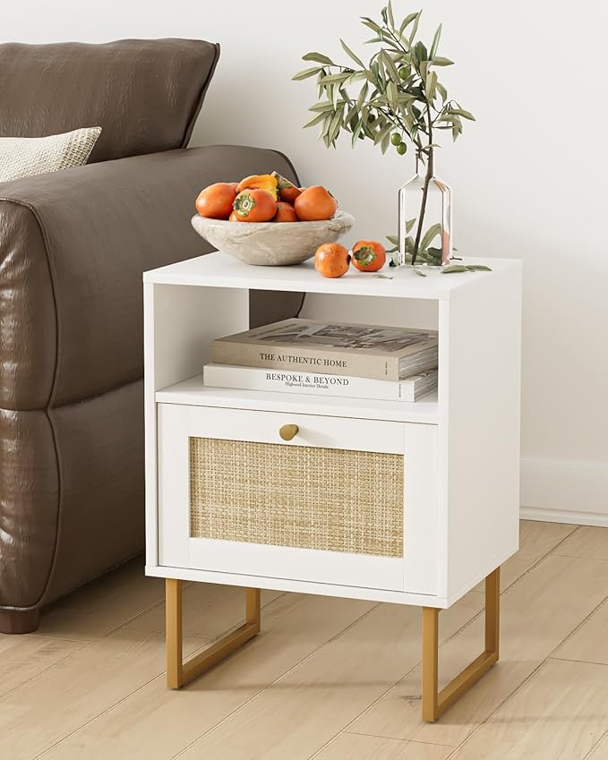 Rattan Nightstand, Mid Century Modern Night Stand,Boho Farmhouse Wood Bedside Table with Storage and Open Shelf, End Side Accent Table for Bedroom,Living Room,White