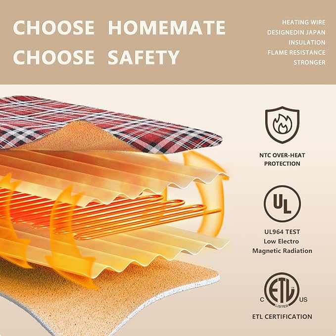 Homemate Electric Blanket Heated Queen Size - 84“x90“ Ultra Soft Cozy Flannel Heating Blanket with 10 Fast Heat Levels 8 Hours Auto Off Over-Heated Protection ETL Certification Keep Warm in Home