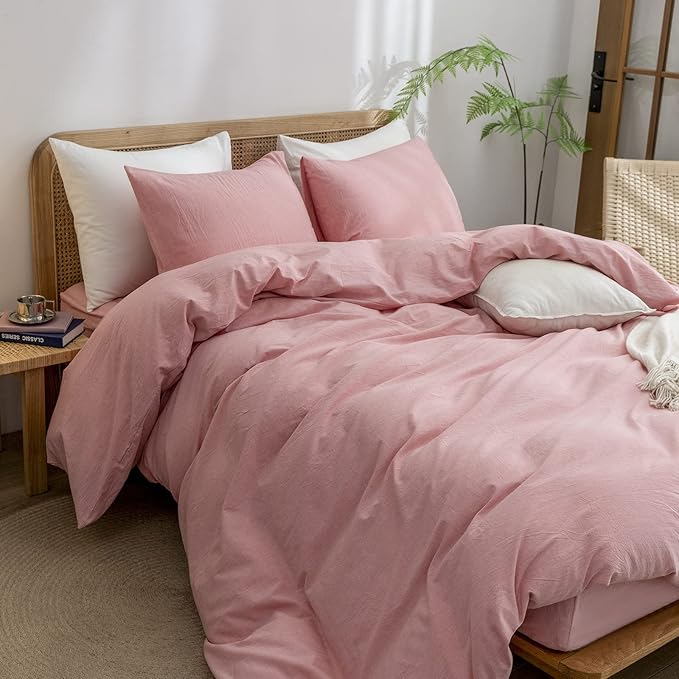 BESTOUCH Duvet Cover Set 100% Washed Cotton Linen Feel Super Soft Comfortable Chic Lightweight 3 PCs Home Bedding Set Solid Red Pink King