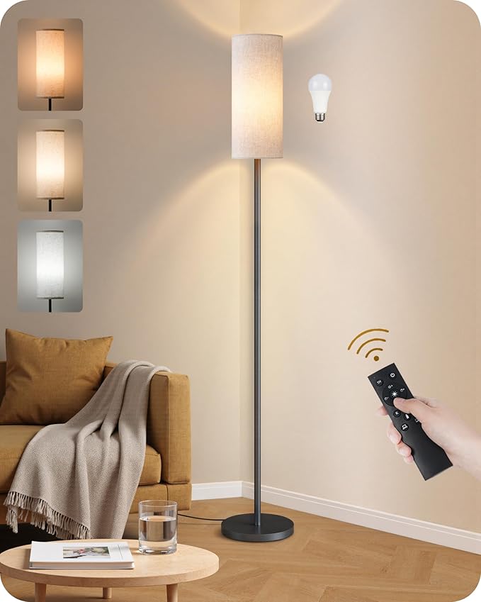 Dimmable Floor Lamp for Living Room with Remote and Foot Switch, Corner Floor Lamp, 66" Standing Tall Lamp, 10W 900LM LED Bulb Included, 3000K-6500K, Linen Shade, Weighted, FCC Listed W06LD05W1