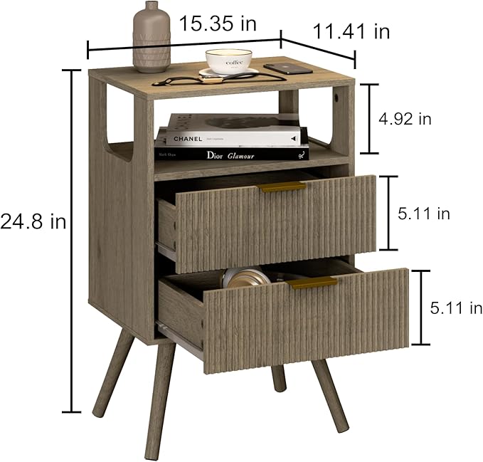 Grey Nightstand,Modern Bedside Table with 2 Storage Drawer and Open Wood Shelf, for Bedroom and Small Spaces,Night Stand with Solid Wood Legs,Grey Oak