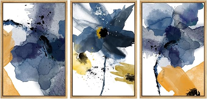 SIGNWIN Framed Canvas Wall Art Blue and Orange Blossoms Botanical Flower Watercolor Modern Art Tropical Relax/Calm for Living Room, Bedroom, Office - 24"x36"x3 Natural