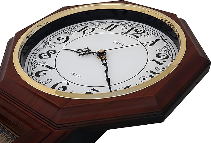 JUSTIME Traditional Schoolhouse Classic Vintage Arabic Regulator Wall Clock, Chiming Wall Clocks with Pendulum & Westminster Chime Hourly, Schoolhouse Wall Decor Battery Operated (Dark Wood Grain)