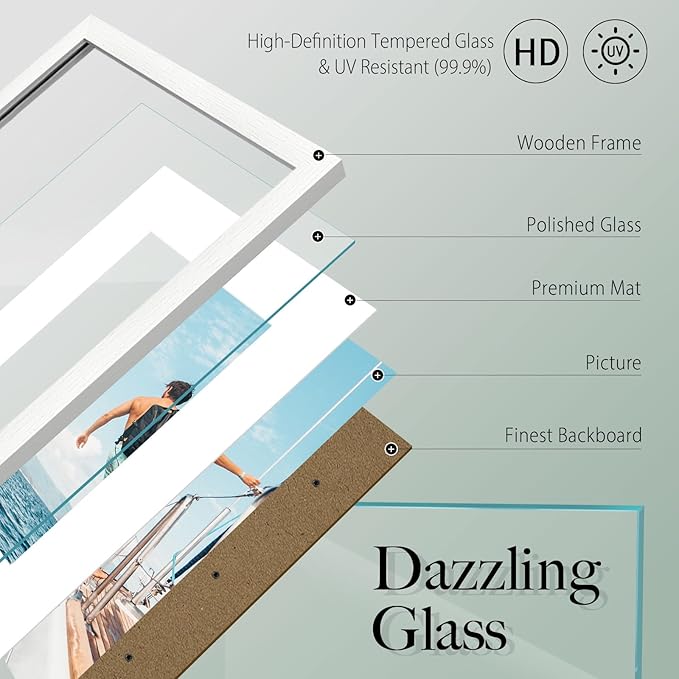 VCK 12x16 Picture Frame 5 Pack - White, High-End Wood Poster Frames with Tempered Glass, Display 8.5x11 Photo with Mat or 12x16 without Mat, Art Gallery-Quality, Wall Hanging, White