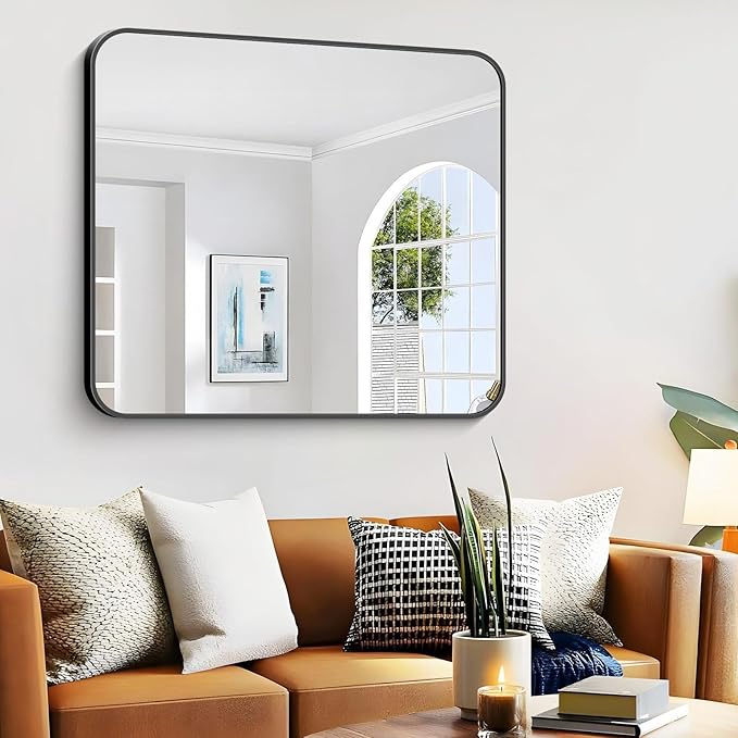 Bathroom Mirror, 48 x 40 inch Black Rectangle Wall Mirror, Metal Frame Rectangular Vanity Mirror, Rounded Corner Wall Mounted Mirror for Modern Bedroom Living Room Hangs Horizontal/Vertical