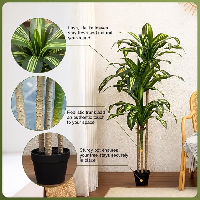 Artificial Dracaena Tree 6FT - Tall Faux Floor Plant with UV-Resistant,Artificial Plants with Lifelike Leaves,Potted Fake Trees for Home, Living Room,Indoor & Outdoor Decor,VN123(Yellow)