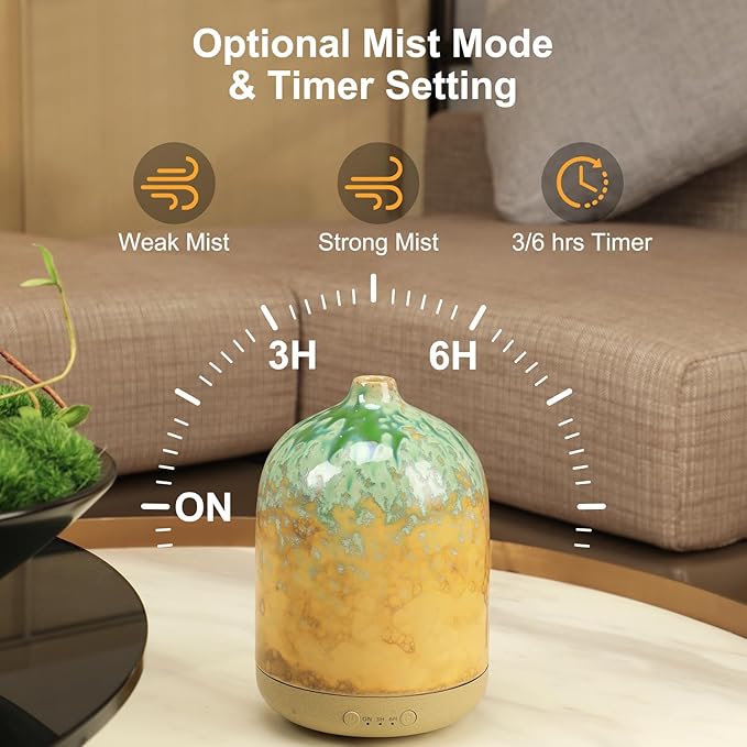 Ceramic Essential Oil Diffusers for Home, Decorative Bedroom Aromatherapy Scent Air Diffuser Reactive Glaze Ultrasonic Aroma Defusers 250ml with Timed