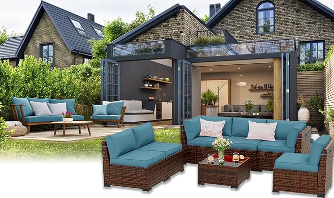 Outdoor Furniture Replacement Cushions, 14 Pcs Water-Resistant Replacement Sofa Cushion for Patio Garden Porch (Liner&Cover,Only Cushions No Sofa) (Lake Blue)